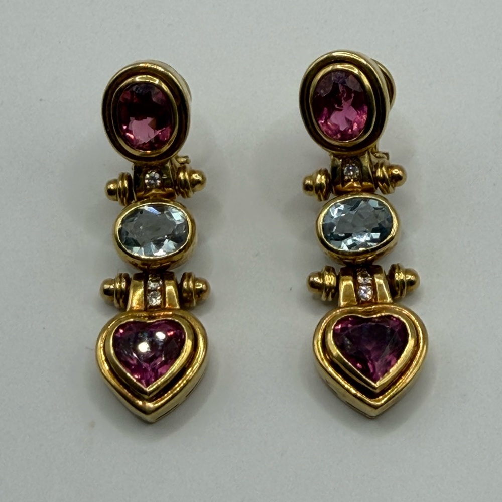 Fantastic Italian Pink Tourmaline and Aquamarine Dangle Earrings in 18K YG